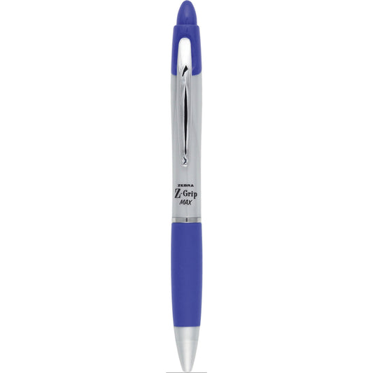 Stylo à bille rétractable Zebra Z-Grip Max - Pointe moyenne - 1,0 mm - Clip de poche en métal - Encre bleue - Lot de 12