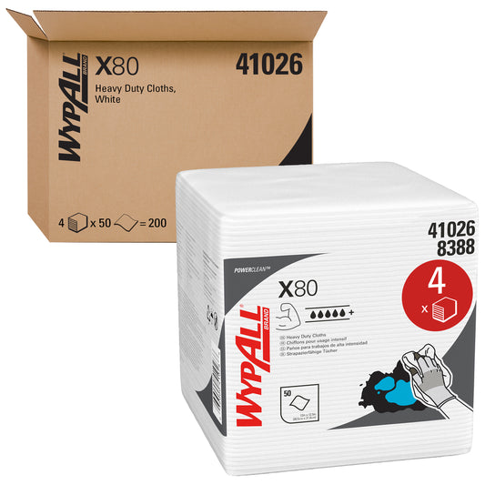 WypAll Power Clean X80 Heavy Duty Cloths (41026) - Extended Use Cloths Quarter-fold Format - White - 4 Packs of 50 Sheets/Pack