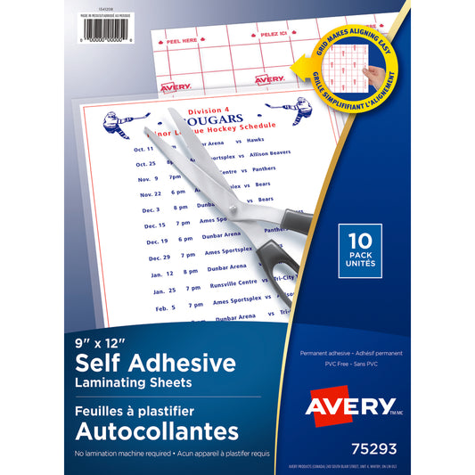 Feuilles auto-plastifiées Avery, 9" x 12", paquet de 10 (75293)