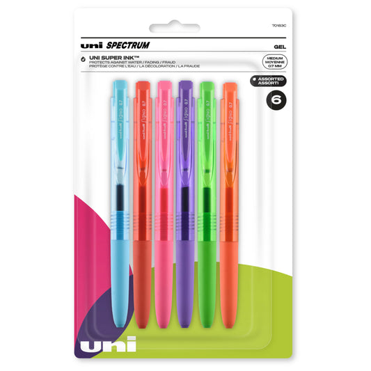 Stylos gel rétractables Uni-Ball Spectrum - Pointe moyenne (0,7 mm) - Encres assorties - Lot de 6