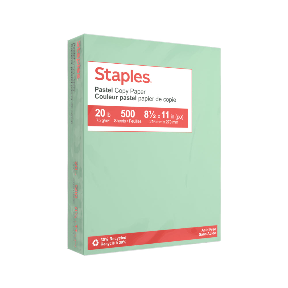Papier photocopie Staples 30 % recyclé couleur pastel - Format lettre - 8-1/2" x 11" - Vert - 500 feuilles
