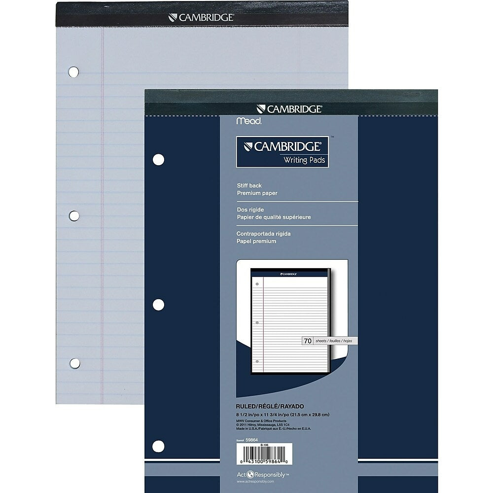 Bloc-notes Cambridge Premium, 8-1/2" x 11-3/4", larges lignes, blanc, 70 feuilles, perforé 3 trous