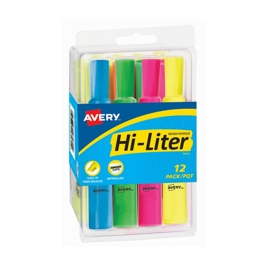 Surligneurs à encre à base d'eau Avery Hi-Liter à pointe biseautée - Couleurs assorties - Paquet de 12
