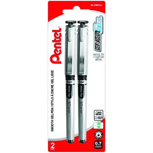 Pentel Energel Metal Tip Gel Pens, 0.7mm, Black, 2 Pack