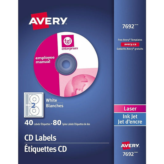 Étiquettes CD blanches Avery pour imprimantes laser/jet d'encre, paquet de 40 (7692)