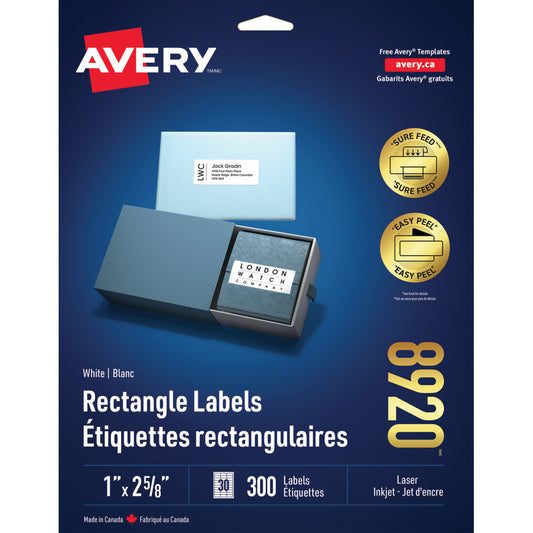 Étiquettes d'adresse Avery Easy Peel pour imprimantes laser/jet d'encre - 2,5 cm x 6,5 cm - Blanches - Paquet de 300