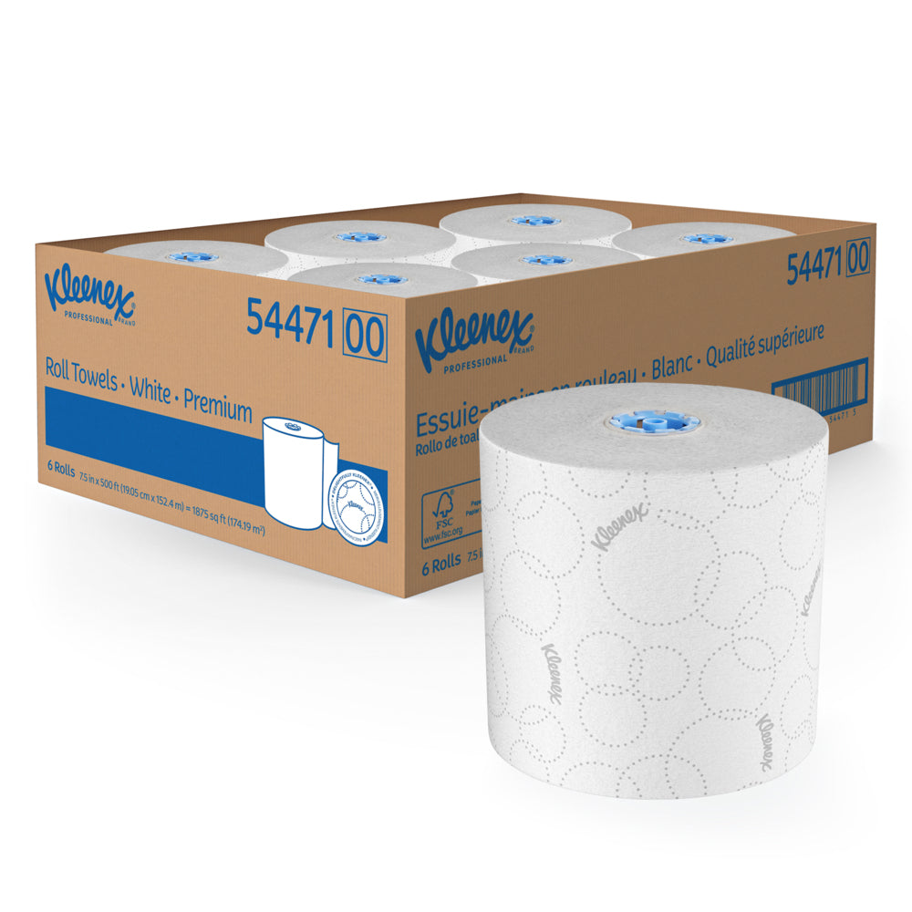 Kleenex Hard Roll Paper Towels with Elevated Kleenex Design - White - Blue Core - 6 Rolls of 500 Sheets/Roll