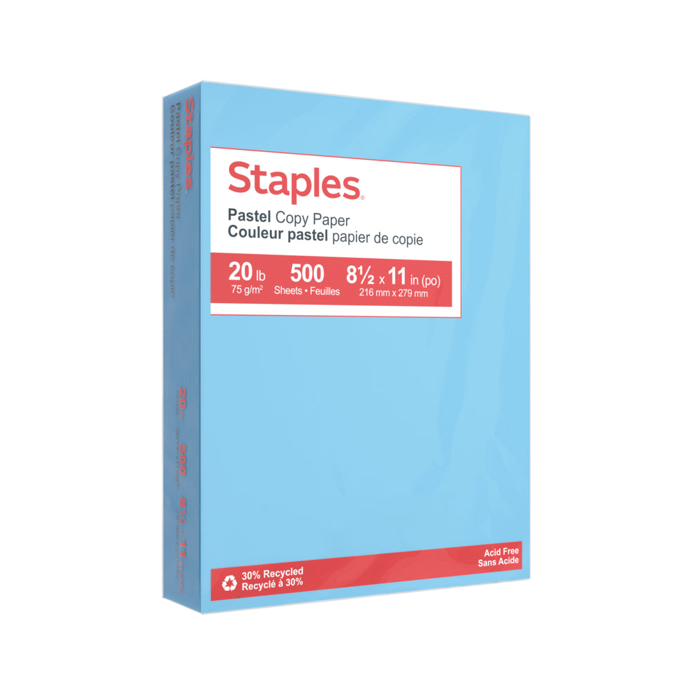 Staples 30% Recycled Pastel Coloured Copy Paper - Letter - 8-1/2" x 11" - Blue - 500 Sheets