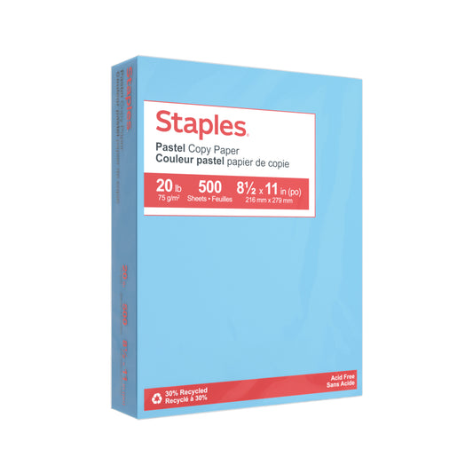 Staples 30% Recycled Pastel Coloured Copy Paper - Letter - 8-1/2" x 11" - Blue - 500 Sheets