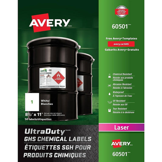Étiquettes chimiques Avery UltraDuty blanches GHS, 8 1/2" x 11", paquet de 50 (60501)
