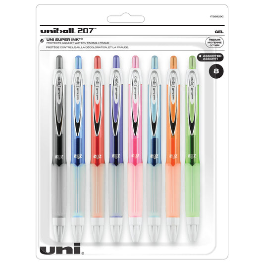 Stylos gel rétractables Uni-Ball 207 Fashion – Pointe moyenne (0,7 mm) – Assortiment – ​​Lot de 8