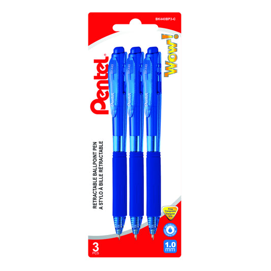 Pentel Wow! Retractable Ballpoint Pen - 1.0mm Medium Tip - Blue Ink - 3 Pack