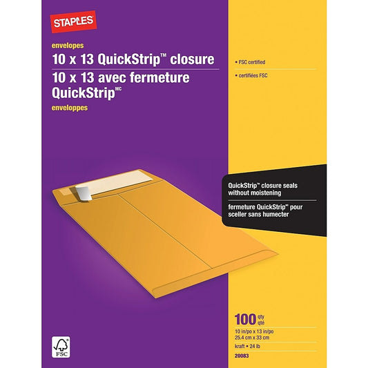 Staples Kraft Catalogue Envelopes with QuickStrip Closure - 10" x 13" - Brown - 100 Pack