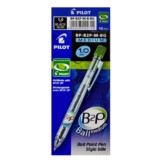 Pilot BeGreen B2P Bottle 2 Pen Retractable Ballpoint Pen - Medium Point - 1.0 mm - Black - 10 Pack