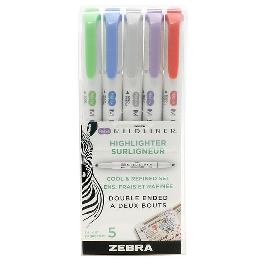 Zebra Mildliner Double Ended Pen-Style Highlighters - Assorted Cool & Refined Colours - 5 Pack