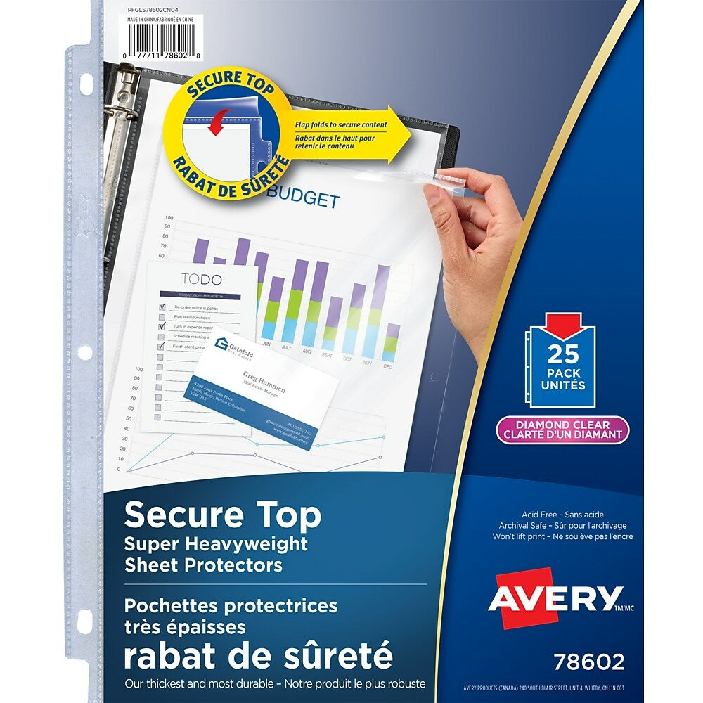 Protections de protection Avery Diamond Clear Secure Top, Diamond Clear, paquet de 25 (78602)