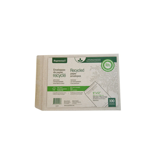 Supremex Press-to-Seal Self-Stick Natural Kraft Open-End Catalogue Envelopes - 9" x 12" - Natural - 100 Pack