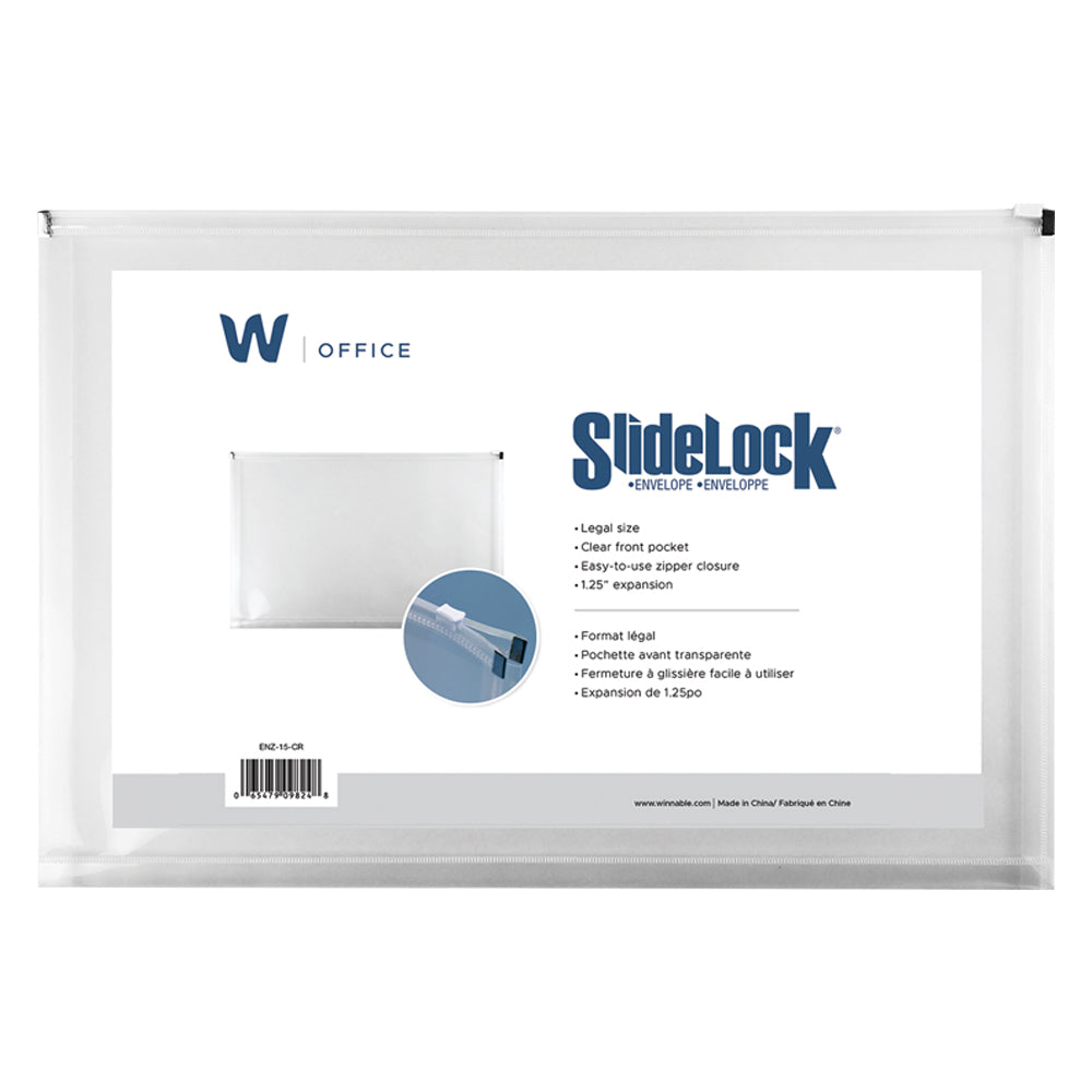 Winnable Slidelock Legal Size Poly Zipper Closure Envelope, Clear, 10" x 15", 1 1/4" Expansion