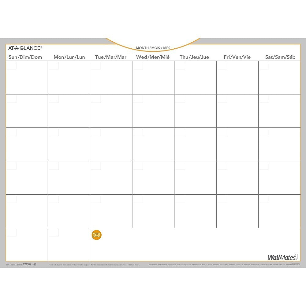 At-A-Glance Undated WallMates Self-Adhesive Dry-Erase Monthly Planner - 18" x 24" - Bilingual