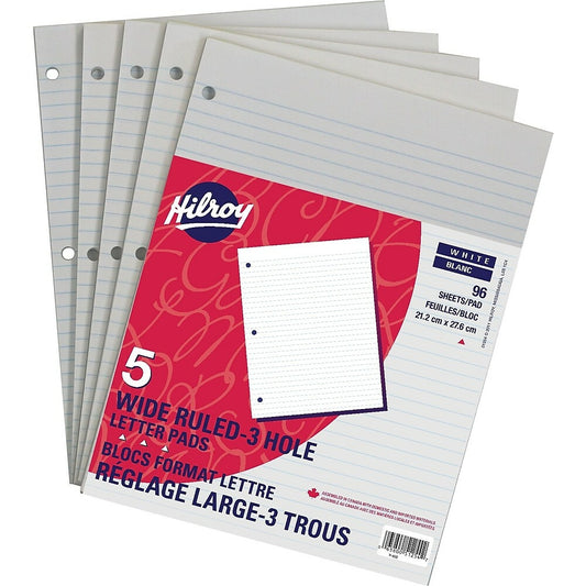 Hilroy Figuring Pads, 8-3/8" x 10-7/8", Wide-Ruled, White, 3-Hole Punched, 5 Pack of 5 Pads, 96 Sheets per Pad
