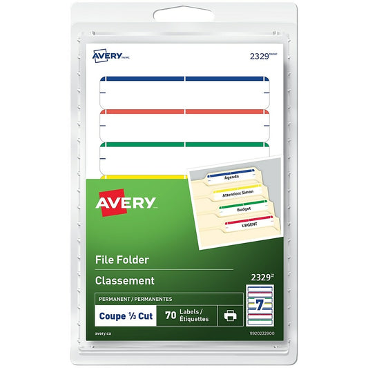 Avery Permanent File Folder Labels, 3-1/2" x 1/3", Assorted, 70 Pack (2329)