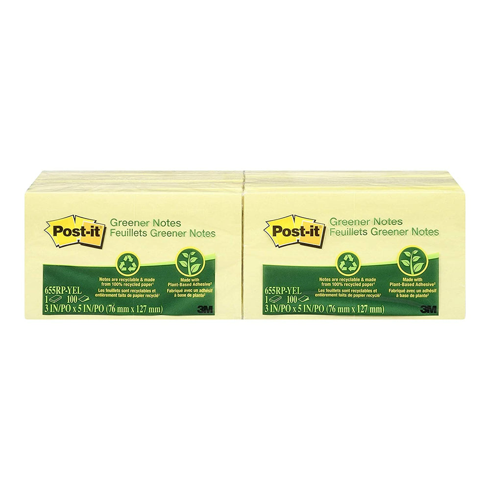 Post-it Greener Notes - 3" x 5" - Canary Yellow - 100 Sheets/Pad - 12 Pads/Pack