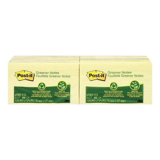 Post-it Greener Notes - 3" x 5" - Canary Yellow - 100 Sheets/Pad - 12 Pads/Pack