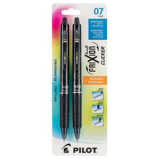 Stylos à encre gel effaçables Pilot Frixion Clicker, pointe roller, rétractables, rechargeables, 0,7 mm, noir, lot de 2 (BLRT-FR7-BK)