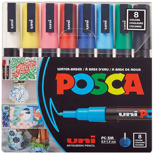 Posca Water-Based Paint Markers - Reversible Fine Tip ( 0.9-1.3mm) - Assorted Colors - 8 Pack