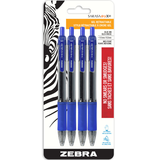 Stylos gel Zebra Sarasa à séchage rapide, rétractables, 0,5 mm, bleus, lot de 4
