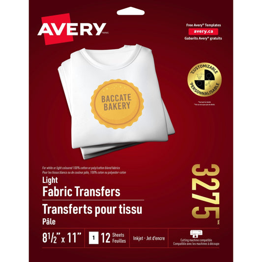 Transferts pour t-shirts Avery Light, jet d'encre, 21,5 x 28 cm, paquet de 12 (03275)