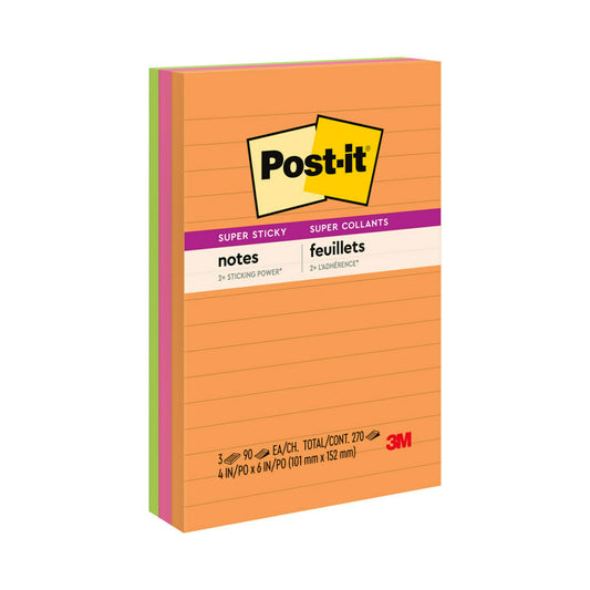 Notes Post-it Super Sticky - 4" x 6" - Collection Energy Boost - Lignées - 270 feuilles - Paquet de 3