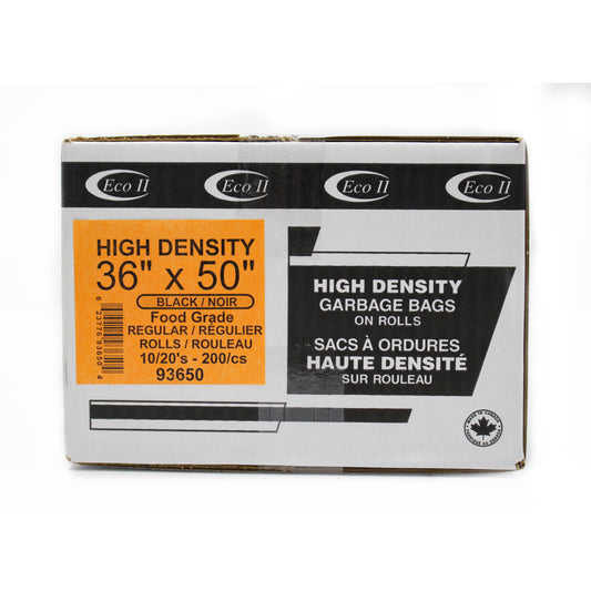 Eco II High-Density Garbage Bags - Regular - Black - 36" x 50" - 10/20's Roll - 200 Pack