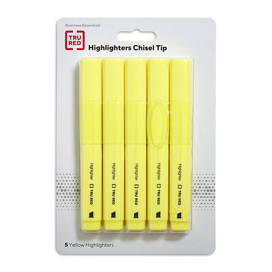 TRU RED Tank Highlighter with Grip, Chisel Tip, Yellow, 5 Pack (TR54577)