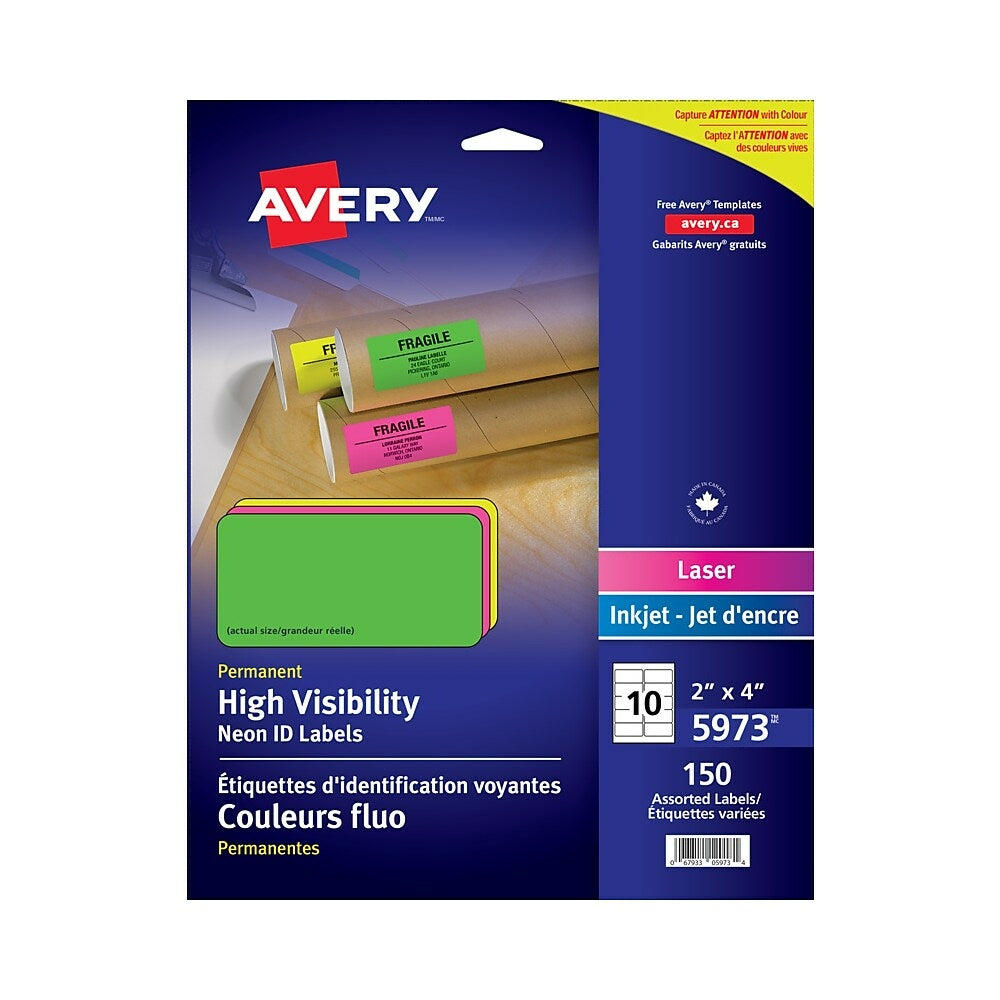 Avery High Visibility Assorted Neon Laser Labels - 2" x 4" - 150 Pack
