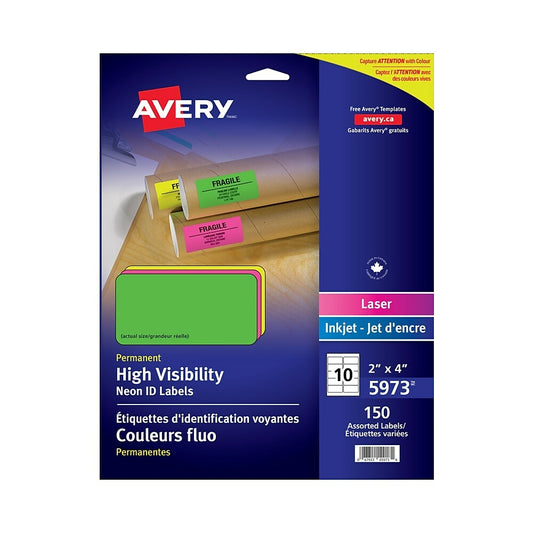 Étiquettes laser fluo haute visibilité Avery assorties - 2" x 4" - Paquet de 150