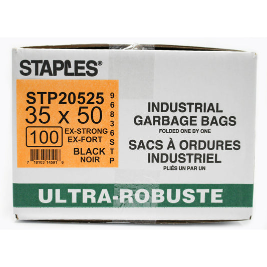 Staples Industrial Extra-Strong Garbage Bags, 35" x 50", Black, 100 Pack