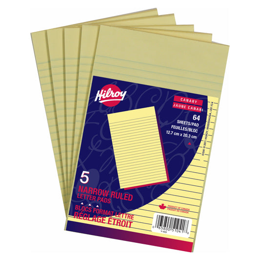 Hilroy Writing Pads Narrow Rule 64 sheets per pad 5" x 8" Canary 5 pads/pkg