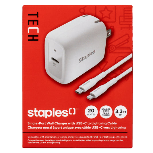 Staples USB-C Wall Charger with Cable - 20W - White