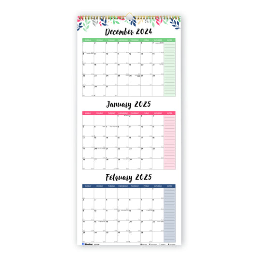 Blueline 2025 Leaves 3-Month Wall Calendar 14 Months - 12-1/4" x 27" - English