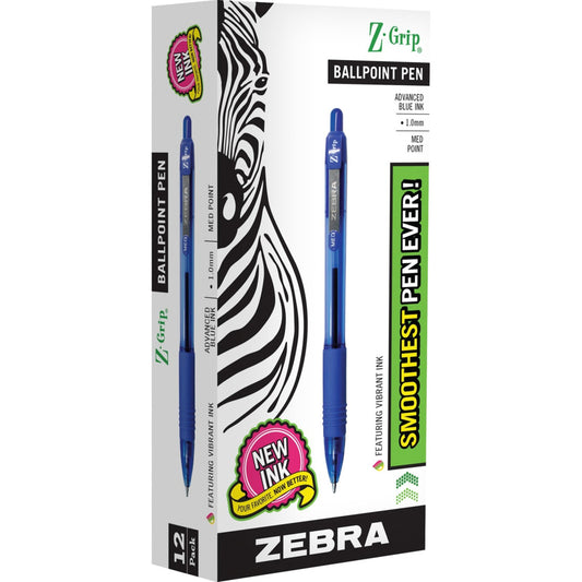 Zebra Z-Grip Retractable Ballpoint Pen - Medium Point - 1.0 mm - Blue Ink - 12 Pack