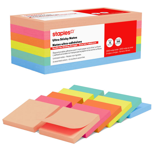 Staples Ultra Sticky Notes - 3" x 3" - Golden Hour Collection - 12 Pack