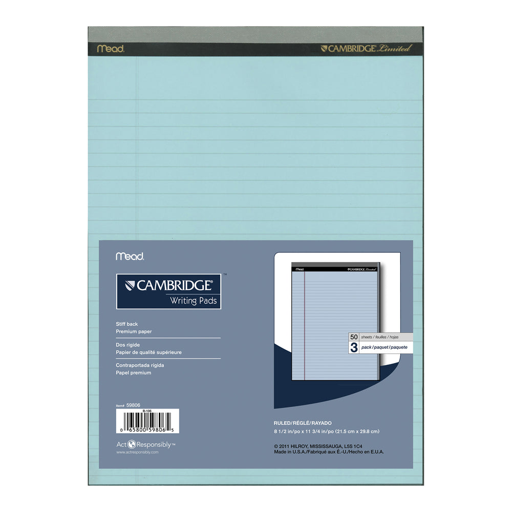Cambridge Perforated Coloured Writing Pads - 8.5" x 11" - Wide Ruled - 50 Sheets/Pad - Blue - 3 Pack