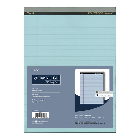Blocs d'écriture perforés Cambridge colorés - 8,5" x 11" - Larges lignes - 50 feuilles/bloc - Bleu - Lot de 3