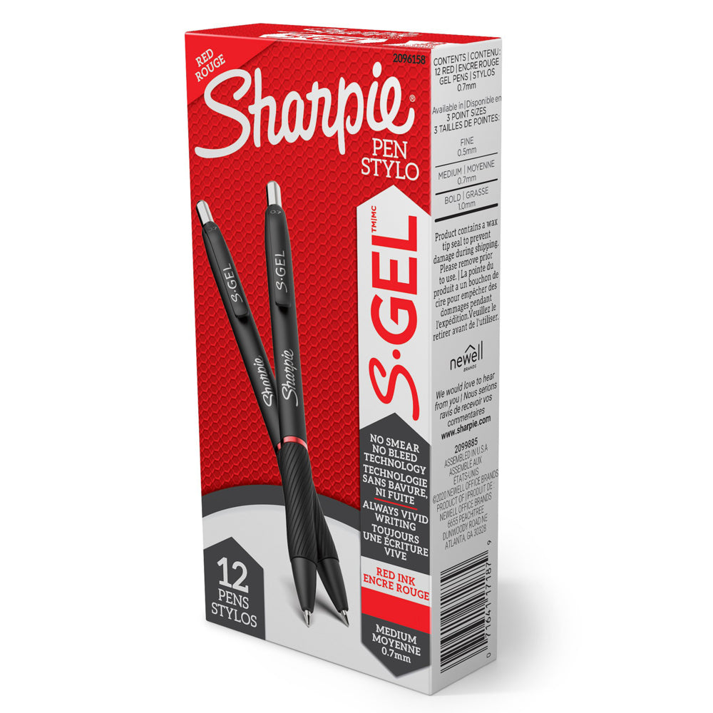 Stylos gel Sharpie S-Gel - Pointe moyenne - 0,7 mm - Encre rouge - Lot de 12
