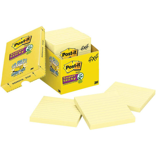 Notes super adhésives Post-It - Jaune canari - Lignées - 10,1 cm de large x 10,1 cm de long - 12 blocs par paquet - 90 feuilles par bloc