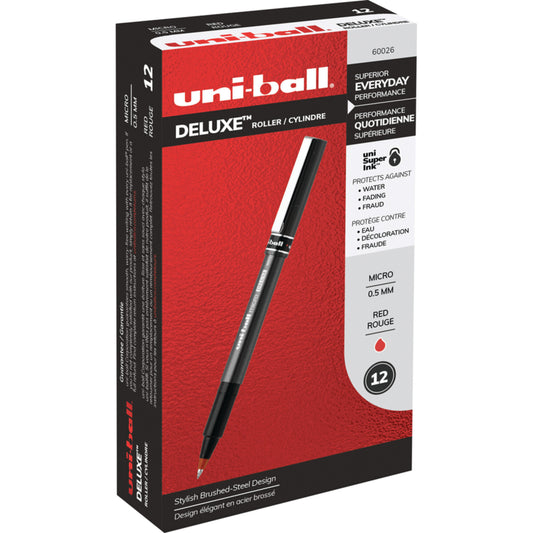 Stylos à bille roulante Uniball Deluxe - 0,5 mm - Encre rouge - Lot de 12