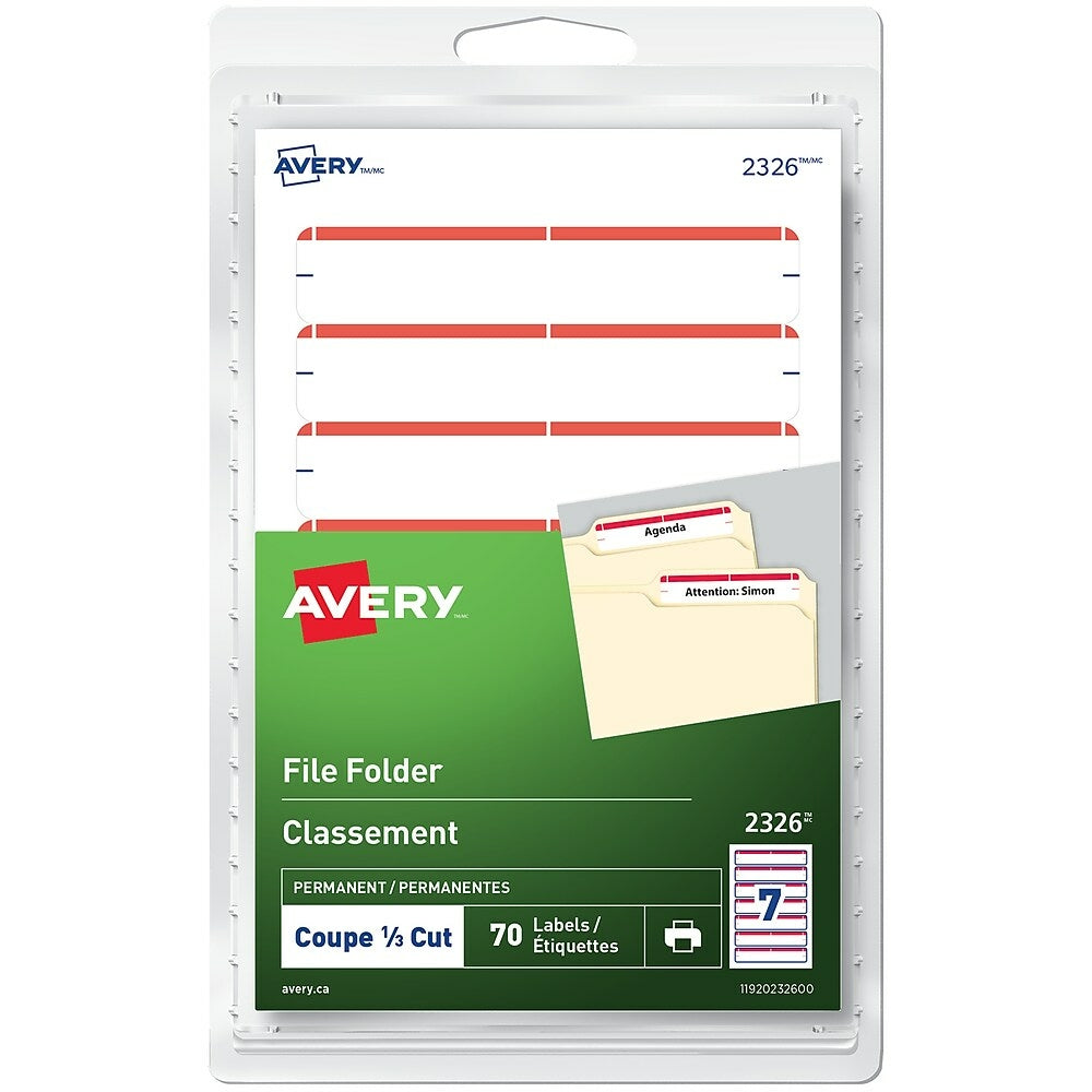 Avery Permanent File Folder Labels, 3-1/2" x 1/3", Red Bar, 70 Pack (2326)