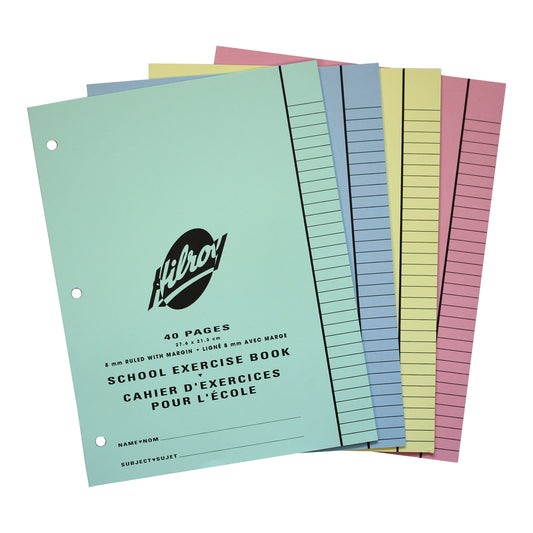 Cahiers d'exercices cousus Hilroy - Lignés (5/16") - 10 9/10" x 8 2/5" - Couleurs assorties - 40 pages - 20 feuilles - Paquet de 25