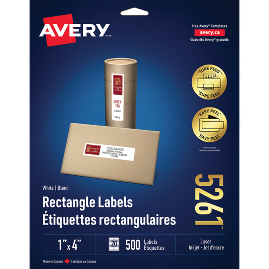 Étiquettes d'adresse Avery Easy Peel pour imprimantes laser/jet d'encre - 4" x 1" - Blanches - Paquet de 500 - (5261)